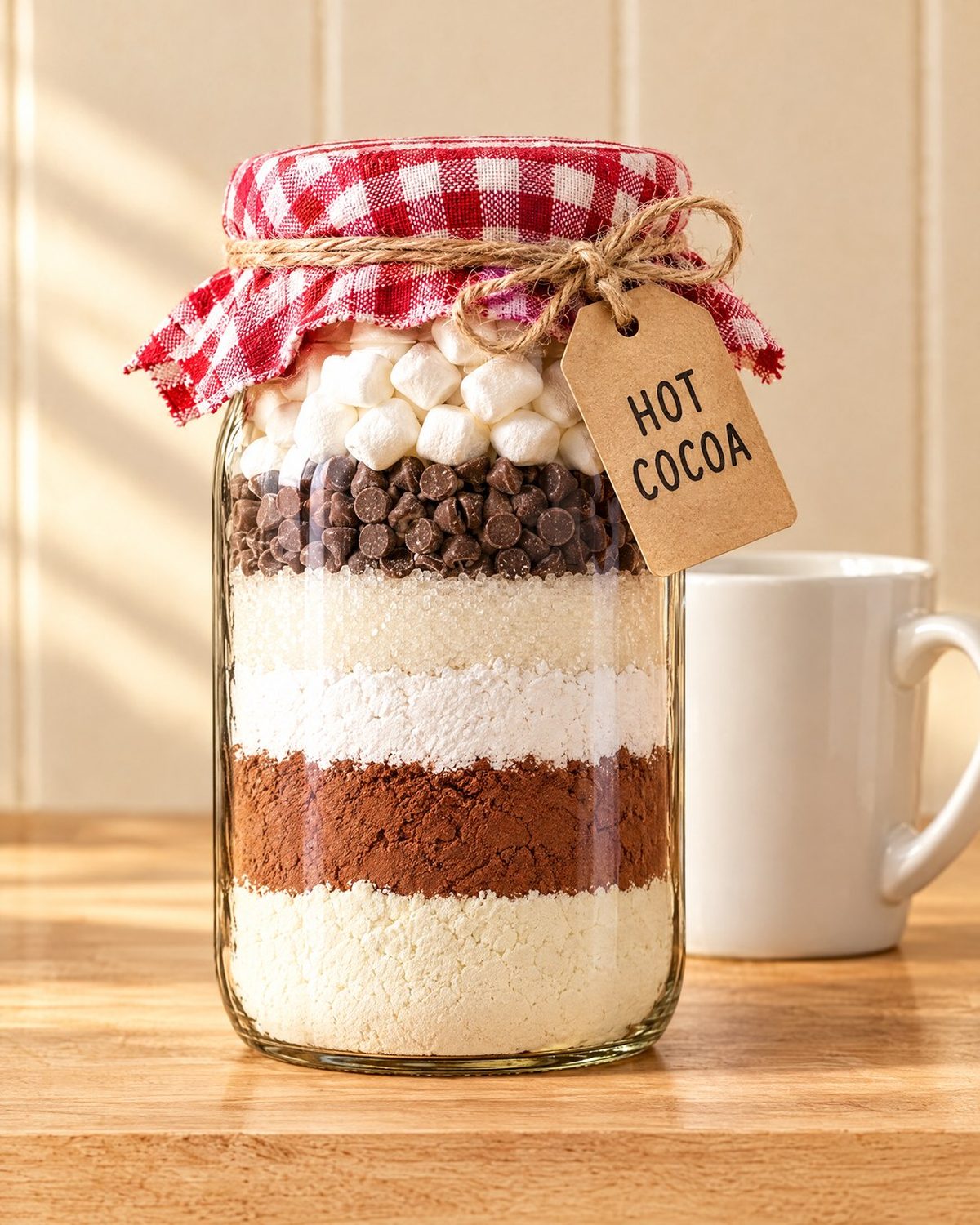 A layered hot cocoa gift jar with a kraft tag