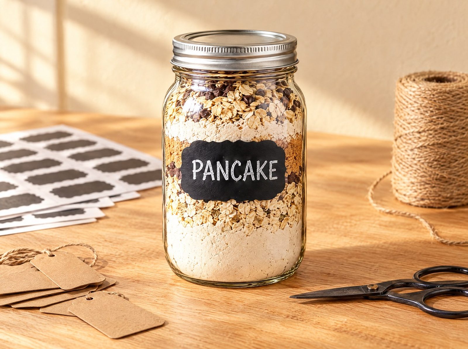 A quart jar with a chalk label, printed label sheets, kraft tags, and twine on a kitchen table